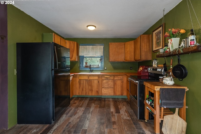 kitchen featuring stainless steel electric range, sink, dark hardwood / wood-style floors, and black refrigerator