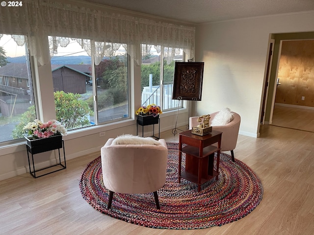 sitting room featuring light hardwood / wood-style flooring, a textured ceiling, and ornamental molding