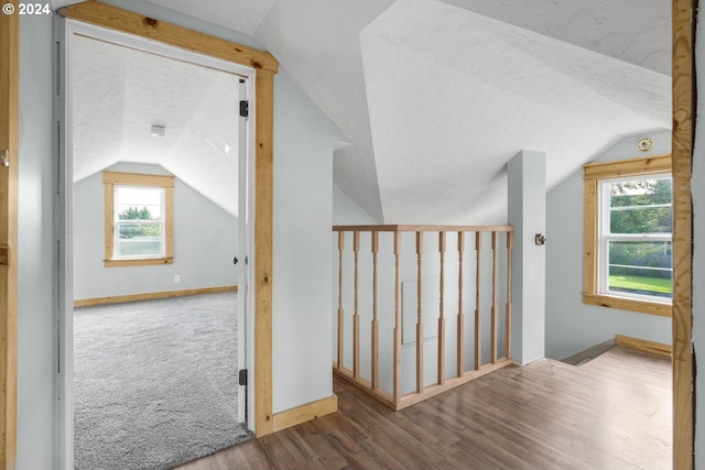 bonus room featuring vaulted ceiling, hardwood / wood-style flooring, and a healthy amount of sunlight