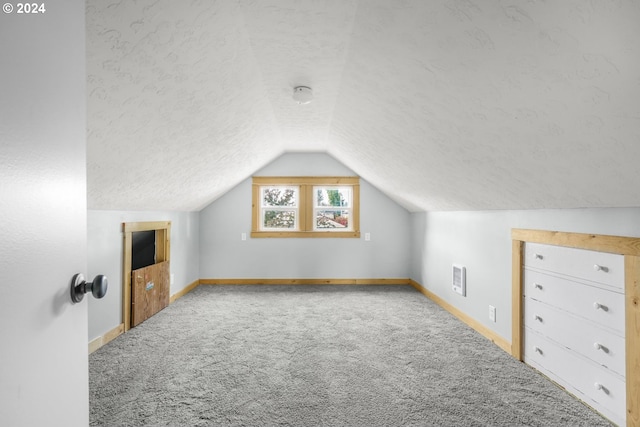 additional living space featuring a textured ceiling, vaulted ceiling, and carpet floors