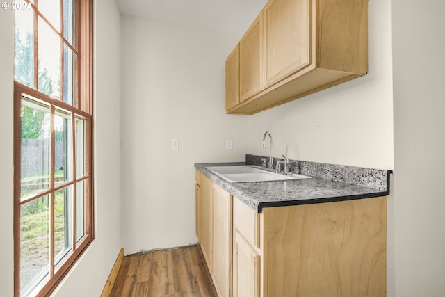 kitchen with hardwood / wood-style flooring, sink, plenty of natural light, and light brown cabinets