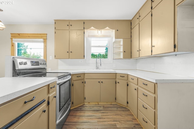 kitchen featuring hardwood / wood-style floors, sink, and stainless steel range with electric cooktop