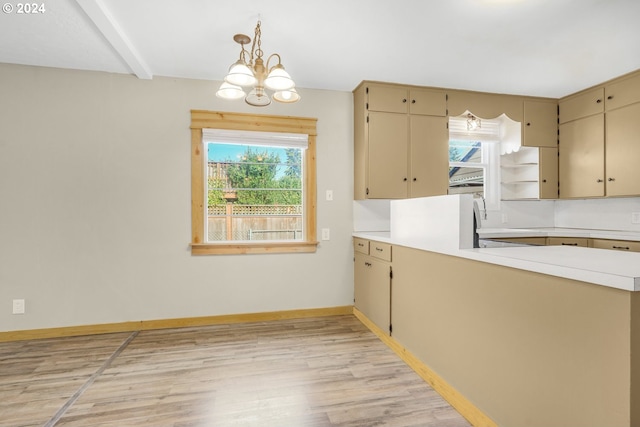 kitchen featuring beam ceiling, an inviting chandelier, light wood-type flooring, and decorative light fixtures