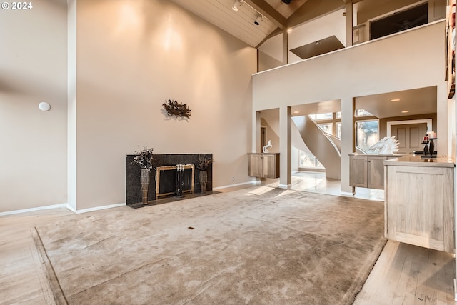 living room with wood-type flooring and high vaulted ceiling