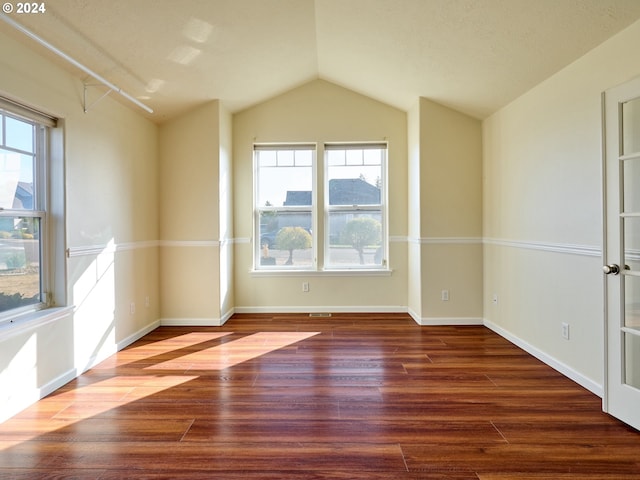 spare room with lofted ceiling, baseboards, wood finished floors, and a healthy amount of sunlight