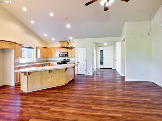 kitchen with sink, dark wood-type flooring, high vaulted ceiling, appliances with stainless steel finishes, and a center island