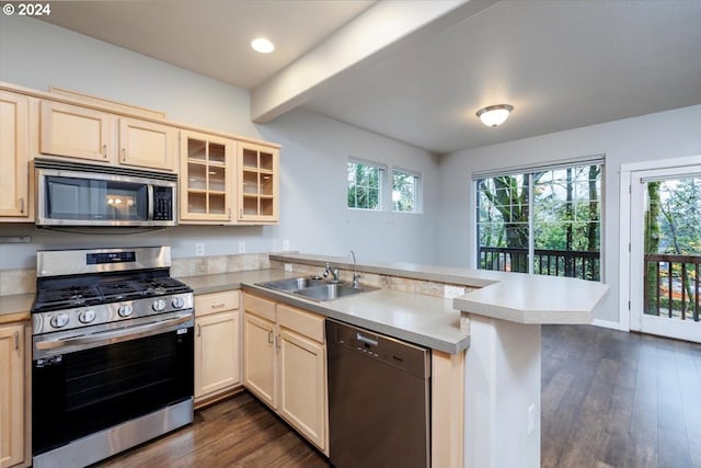 kitchen featuring plenty of natural light, kitchen peninsula, sink, and appliances with stainless steel finishes