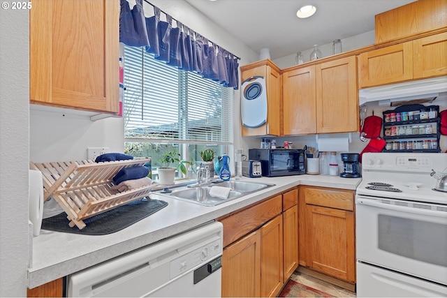 kitchen featuring white appliances and sink