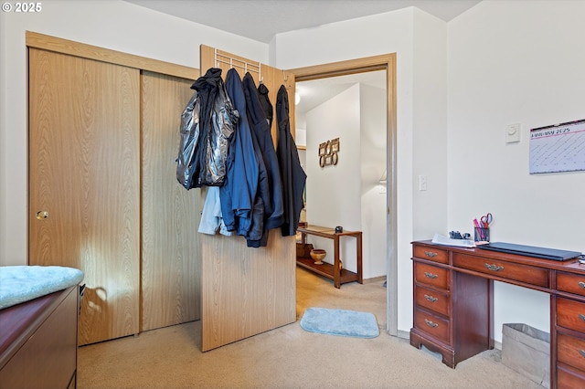 bedroom featuring light colored carpet and a closet