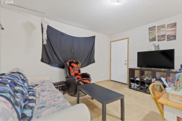 carpeted living room featuring a textured ceiling