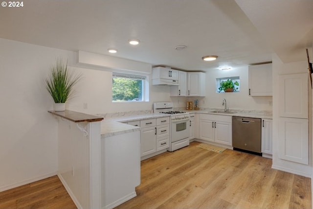 kitchen with light wood finished floors, gas range gas stove, under cabinet range hood, stainless steel dishwasher, and a sink