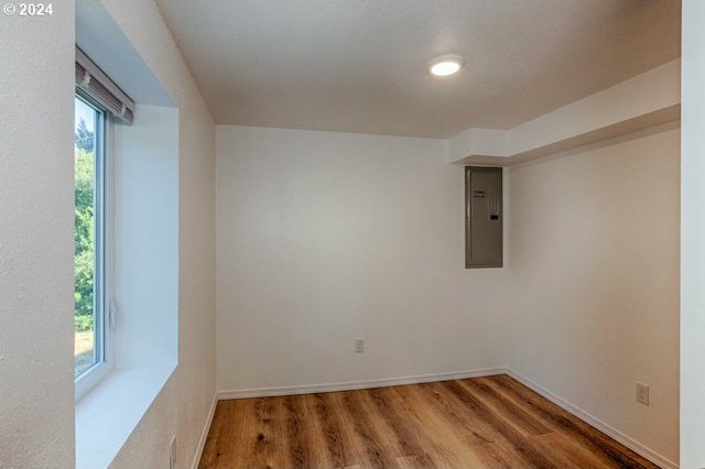 spare room featuring electric panel, baseboards, and wood finished floors