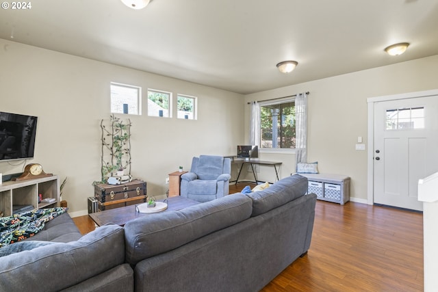 living room with dark hardwood / wood-style floors