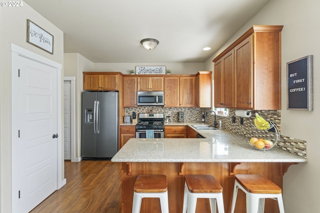 kitchen featuring dark hardwood / wood-style floors, sink, stainless steel appliances, and tasteful backsplash