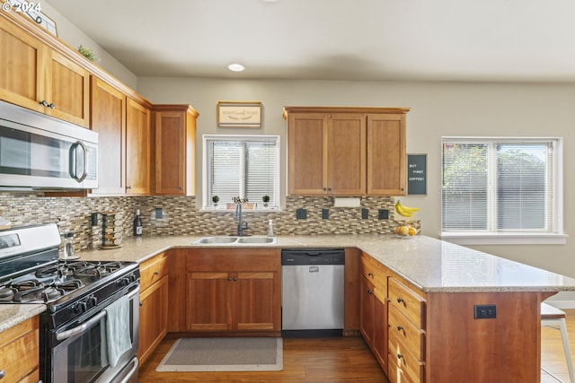 kitchen featuring kitchen peninsula, appliances with stainless steel finishes, plenty of natural light, and sink