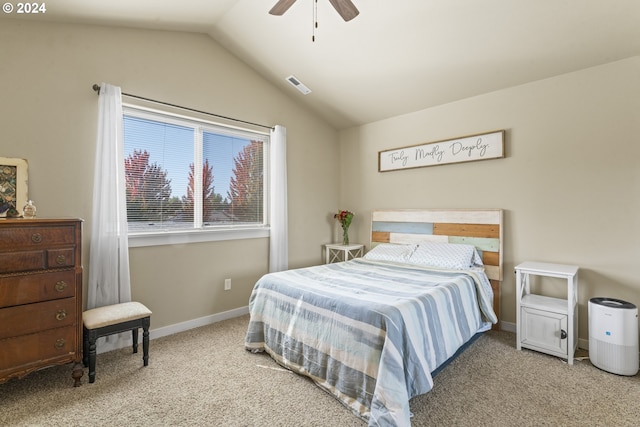 bedroom featuring ceiling fan, lofted ceiling, and carpet flooring