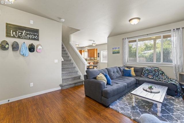 living room with dark wood-type flooring