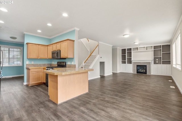 kitchen with crown molding, light brown cabinets, dark hardwood / wood-style flooring, and black gas range oven