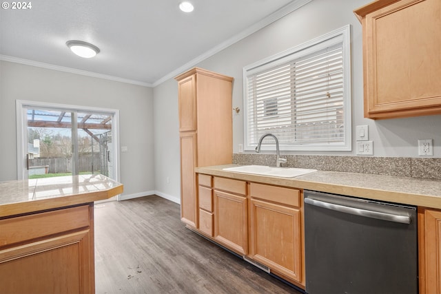 kitchen featuring ornamental molding, sink, light brown cabinets, dishwasher, and dark hardwood / wood-style floors