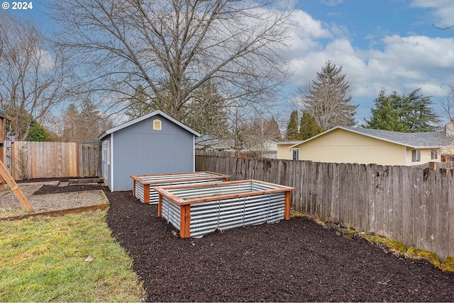 view of yard featuring a storage shed