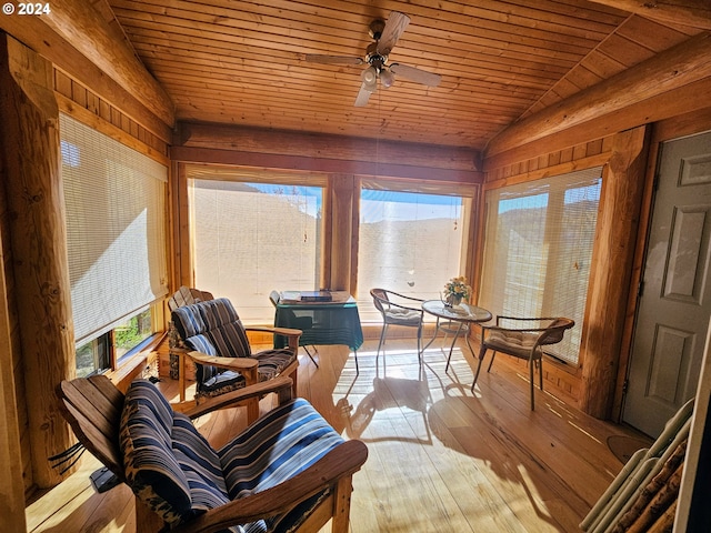 sunroom / solarium with wood ceiling, lofted ceiling, plenty of natural light, and ceiling fan