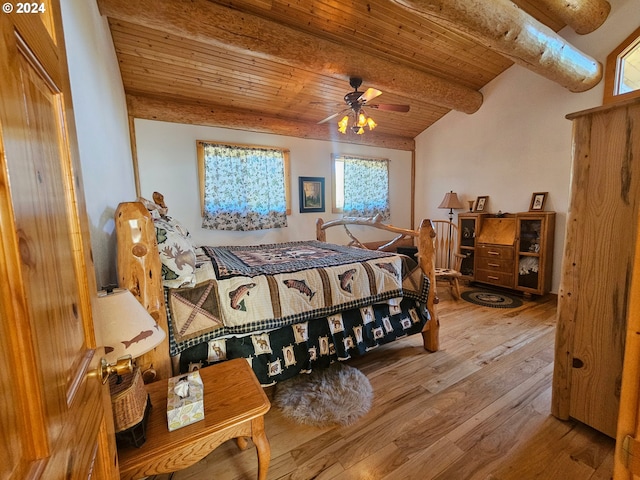 bedroom featuring wood ceiling, beamed ceiling, wood-type flooring, and ceiling fan