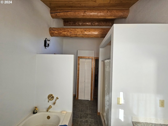 bathroom with wood ceiling, beam ceiling, plus walk in shower, and tile patterned floors