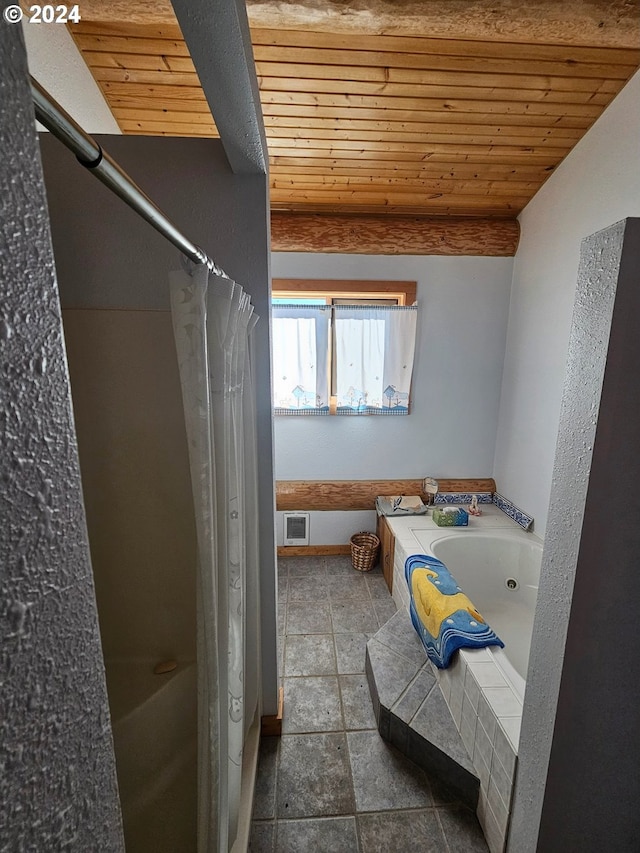 bathroom with wood ceiling, independent shower and bath, and lofted ceiling