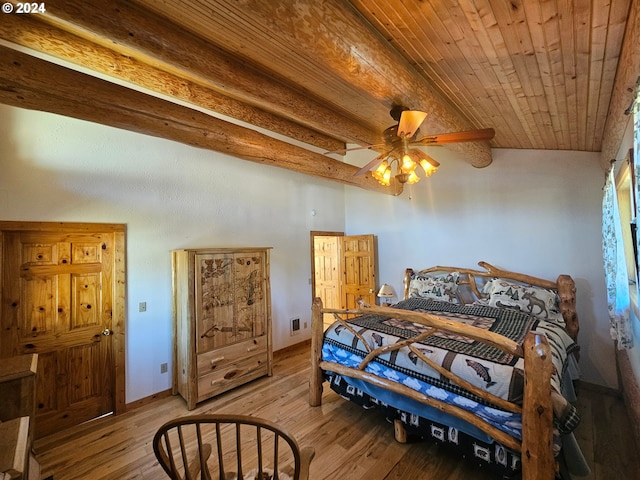 bedroom with ceiling fan, lofted ceiling, wooden ceiling, and light hardwood / wood-style flooring