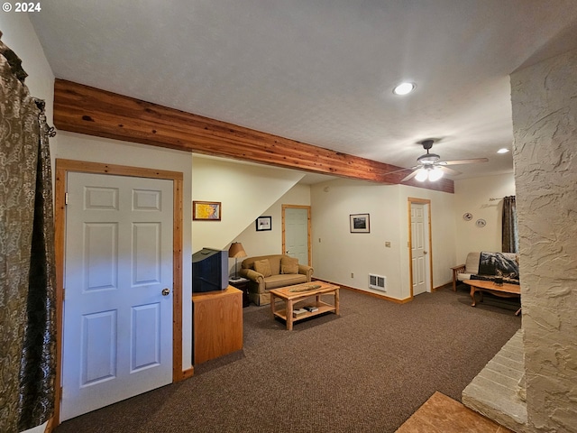 living room with carpet flooring, visible vents, baseboards, recessed lighting, and a ceiling fan