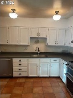 kitchen featuring white cabinetry, sink, stainless steel appliances, and dark tile patterned flooring