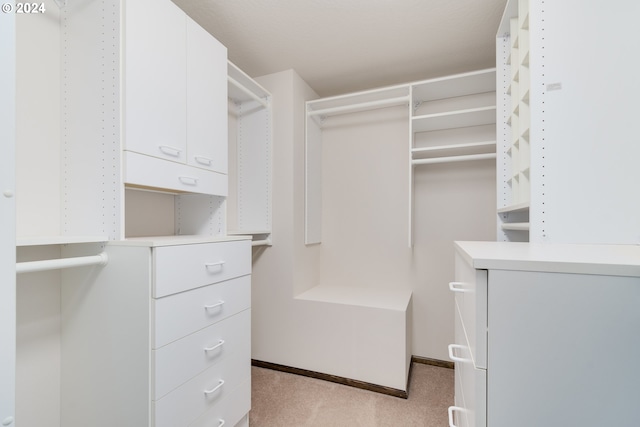 walk in closet with light colored carpet