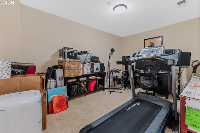 workout area with light colored carpet