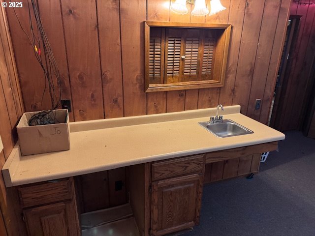 bathroom featuring sink and wood walls