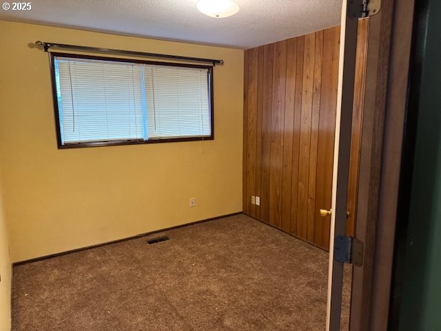 carpeted empty room featuring a textured ceiling and wood walls