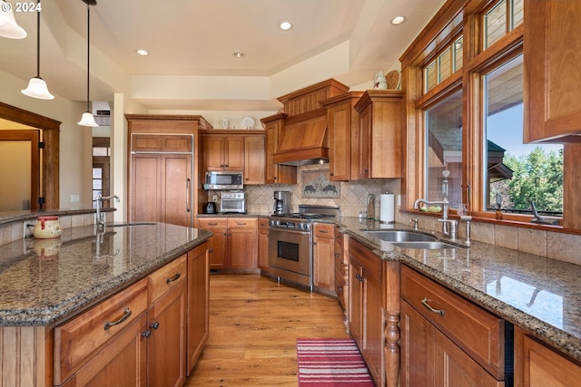 kitchen featuring hanging light fixtures, light hardwood / wood-style floors, dark stone countertops, and stainless steel appliances