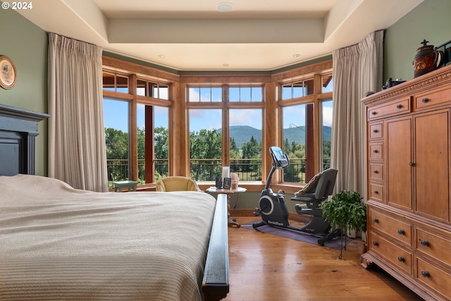 bedroom featuring a mountain view and hardwood / wood-style floors