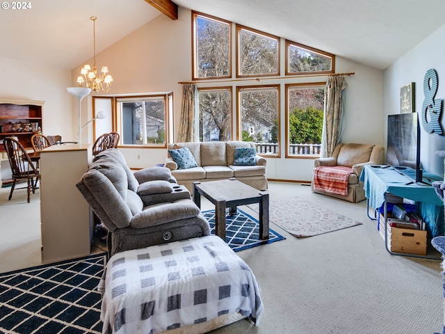 living room featuring a chandelier, carpet floors, and lofted ceiling with beams