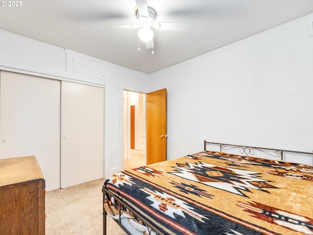 carpeted bedroom with a closet, ceiling fan, and crown molding