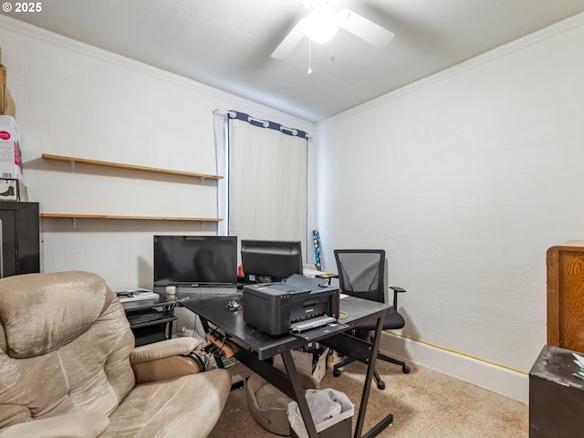 office space with light carpet, crown molding, and ceiling fan