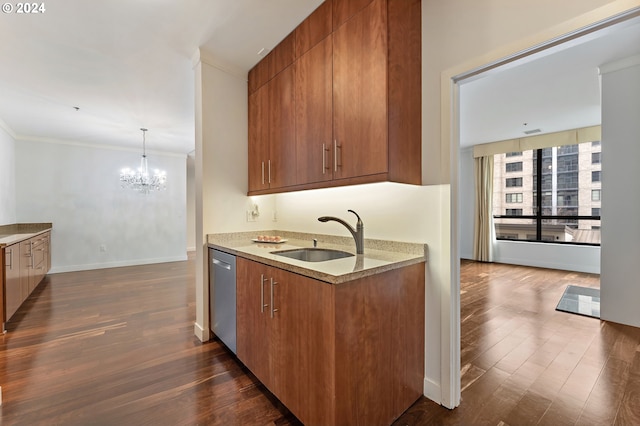 kitchen featuring dark hardwood / wood-style flooring, stainless steel dishwasher, crown molding, and sink