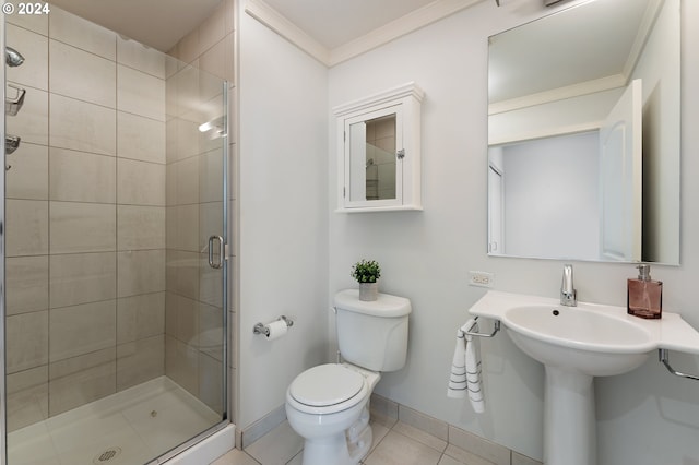 bathroom with ornamental molding, tile patterned flooring, a shower with shower door, and toilet