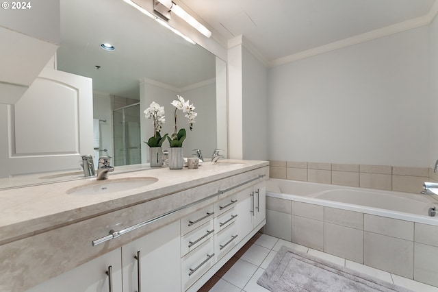 bathroom featuring tile patterned floors, vanity, shower with separate bathtub, and crown molding