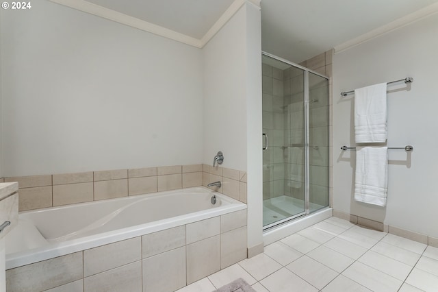 bathroom with tile patterned floors, shower with separate bathtub, and ornamental molding