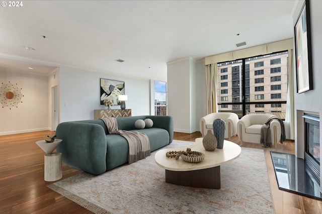 living room with hardwood / wood-style floors, crown molding, and a wealth of natural light