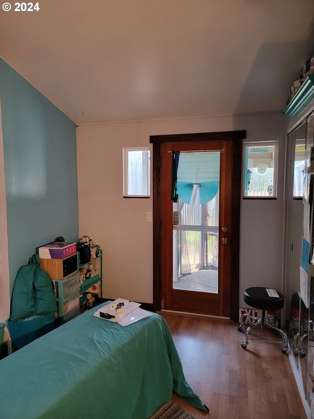 bedroom featuring hardwood / wood-style flooring and multiple windows