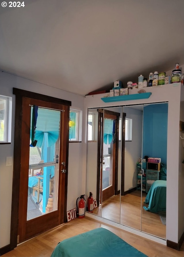 doorway to outside featuring plenty of natural light, wood-type flooring, and french doors