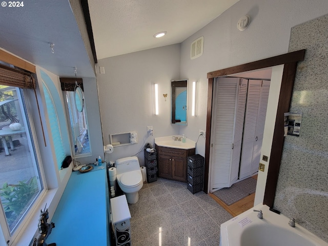 bathroom with a bathtub, a textured ceiling, vanity, vaulted ceiling, and toilet