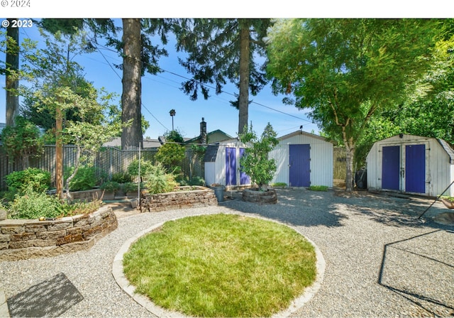 view of yard with a storage shed