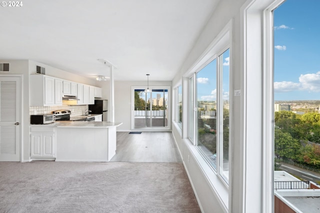 kitchen with range hood, visible vents, decorative backsplash, hanging light fixtures, and appliances with stainless steel finishes